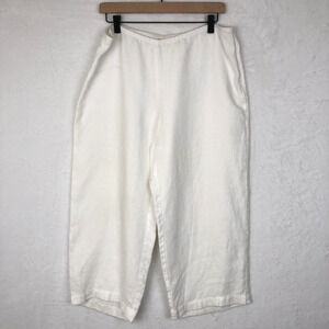 EILEEN FISHER 100% Linen Pants Cropped Sz PL‎ White Side Zip Wide Leg Lagenlook